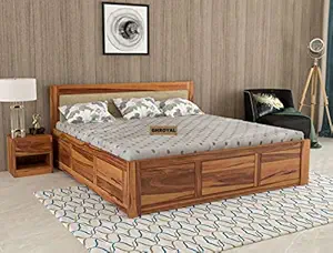 GHROYAL Sheesham Wood King Size Bed with Hydraulic Storage Wooden Double Bed for Bedroom Living Room Home - (Honey Finish)