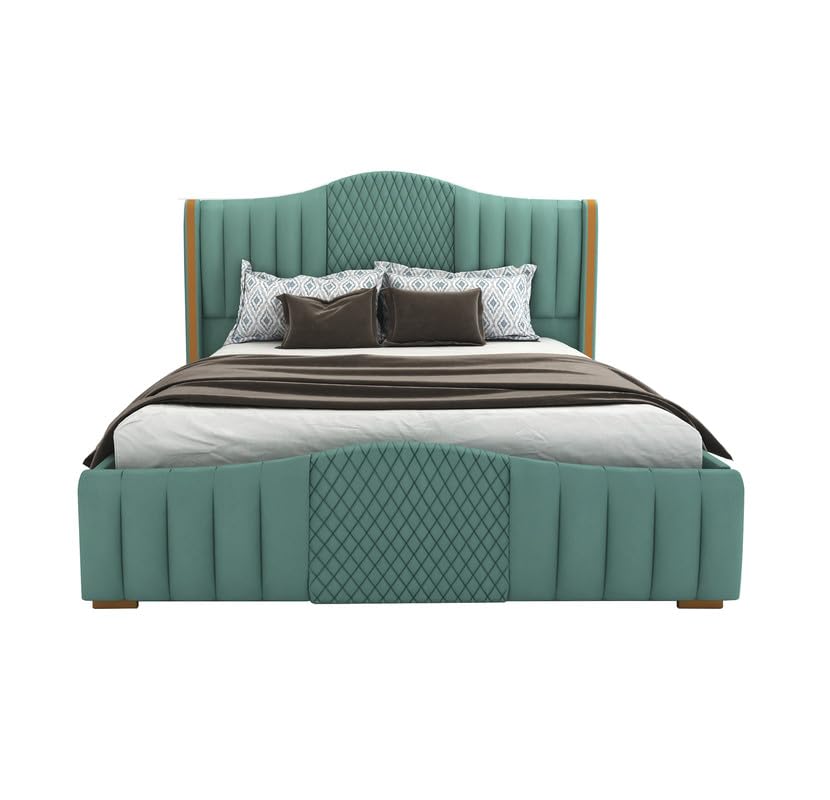 Image of MAMTA DECORATION Solid Wood King Size Bed for Bedroom with Box Storage | Premium Velvet Upholstery Double Bed with Tufted Headboard | Modern Palang Cot Bed for Home, Hotels & Guest Room | Greendust