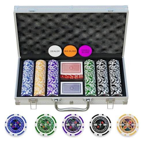 Homwom Juego de póquer de 300 piezas: chips de póquer láser en diferentes valores y colores, juego completo con fichas numéricas de 12 g y maletín de aluminio
