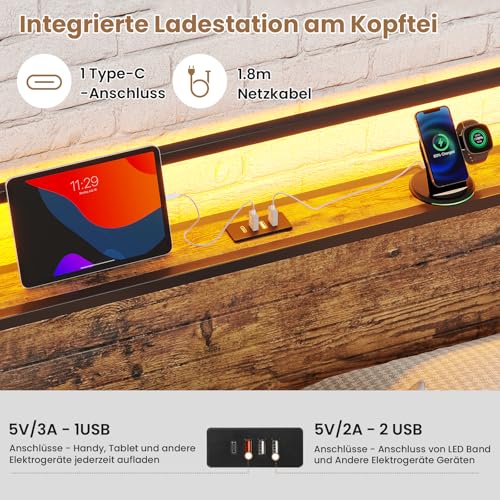 Bett 140x200 mit Steckdose Metallbett 140x200 mit 3 USB-Anschlüssen und LED Beleuchtung Bettgestell aus Metall mit Kopfteil Doppelbett mit Stauraum Jugendbett Bettrahmen mit Lattenrost(140x200cm)