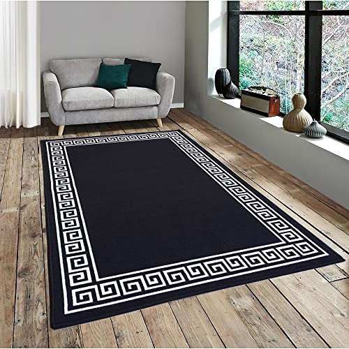 Image of Matz&More Greek Single Line Rug | 100x150 CM | Black White | Soft Nylon Loop Pile with Anti-Slip Gel Backing | Living Room, Bedroom & Office Floor Carpet