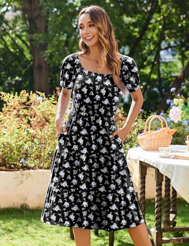 Image of Zeagoo Women's Summer Dress Casual Puff Sleeve Square Neck Midi Dresses Tiered Beach Vacation A-Line Sundress with Pockets
