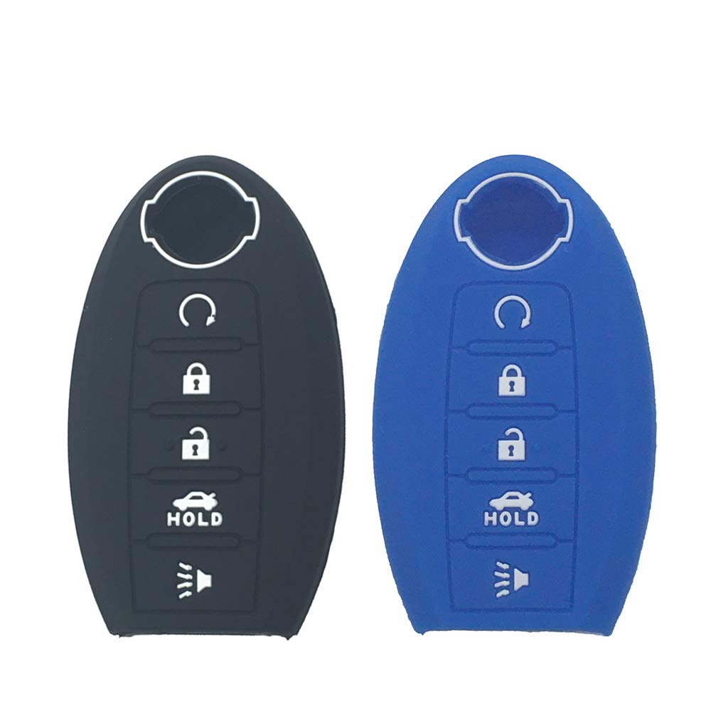 LemSa 2pcs Silicone 5 Button Smart Key Fob Cover Remote Keyless Entry Bag Compatible with Nissan Rogue Maxima Altima Sedan Pathfinder 2017 2018 2019 285E3-3TP5A KR5S180144014, Black Blue