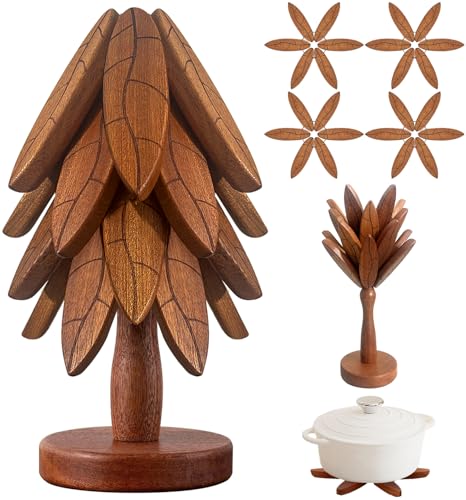 Tree Coasters, Wooden Trivets for Hot Dishes/Pot/Bowl/Teapot/Pans, Tree Shape Trivet Set - 4 Wooden Trivets + 1 Stand Stored, Gifts for Him/Her (Leaf Pattern - 4Pcs)