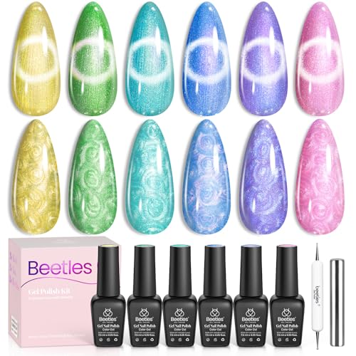 Image of Beetles Cat Eye Gel Nail Polish - 6 Colors Summer Shimmer Pearl Cat Eye Nail Polish Set with Magnet Rainbow Mermaid Swirl Shell Thread Yellow Pink Blue Purple Green DIY Manicure Gifts for Women