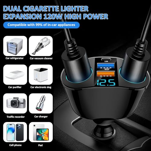 120W Car Cigarette Lighter Multi Socket, Dual 12V Splitter Adapter USB C QC3.0 PD, Car Multi-Socket Lighter Extension, Double Cigarette Adaptor Charger with LED Voltmeter for Phone GPS Dash Cam - Image 2