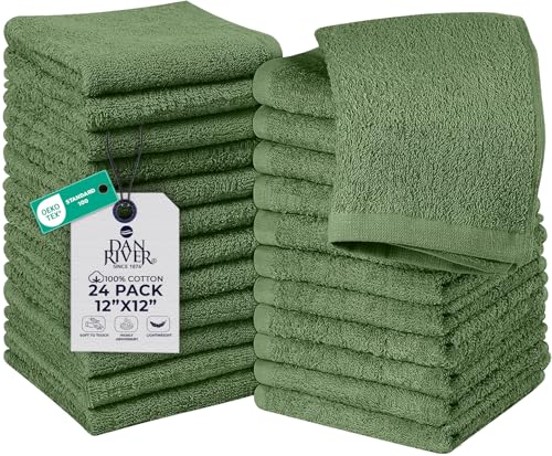DAN RIVER 24 Pack Wash Cloths for Showering [12x12] - 100% Cotton Washcloths Premium Quality Flannel Face Cloths for Bathroom, Highly Absorbent and Soft Feel Wash Clothes, Sage Green