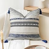 BlissBlush Navy Dark Blue Decorative Throw Pillow Cover 20x20 Square Boho Accent Pillowcase Tassels Farmhouse Cushion for Couch Sofa Bedroom Living Room Home Décor Cover ONLY