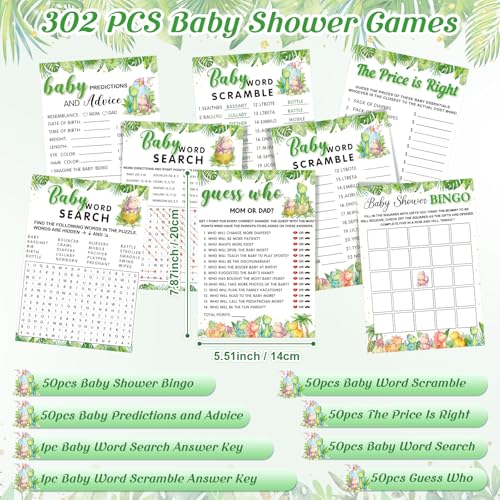 Image of Jetec 302 Pcs Cute Dinosaur Theme Baby Shower Games, 6 Games, 50 Sheets Each, Shower, Word Scramble, Baby Word Search, Predictions and Advice, The Price is Right