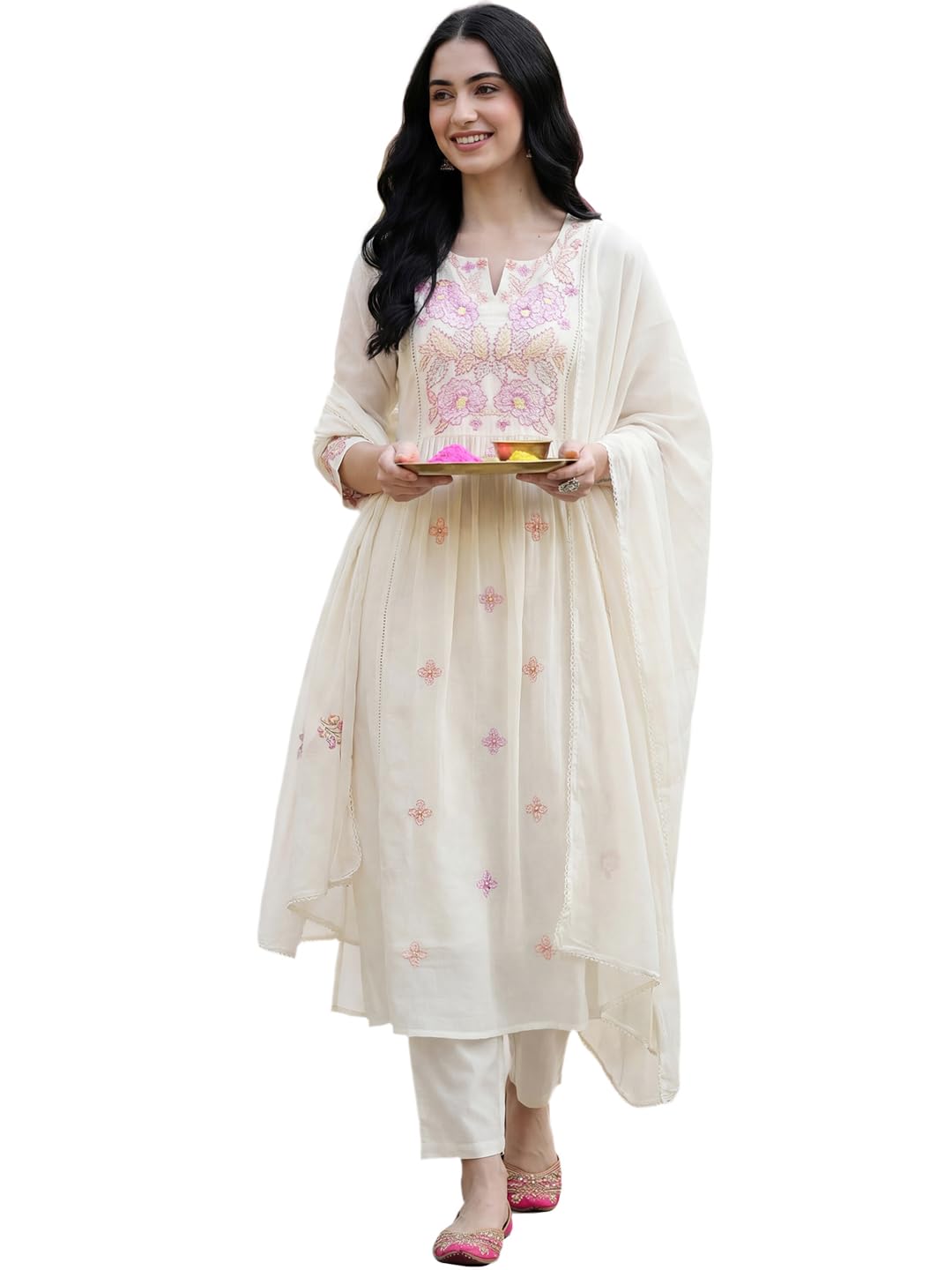 indo era Women's Floral Embroidered A-Line Pure Cotton Kurta Pant with Dupatta Set-picture-39