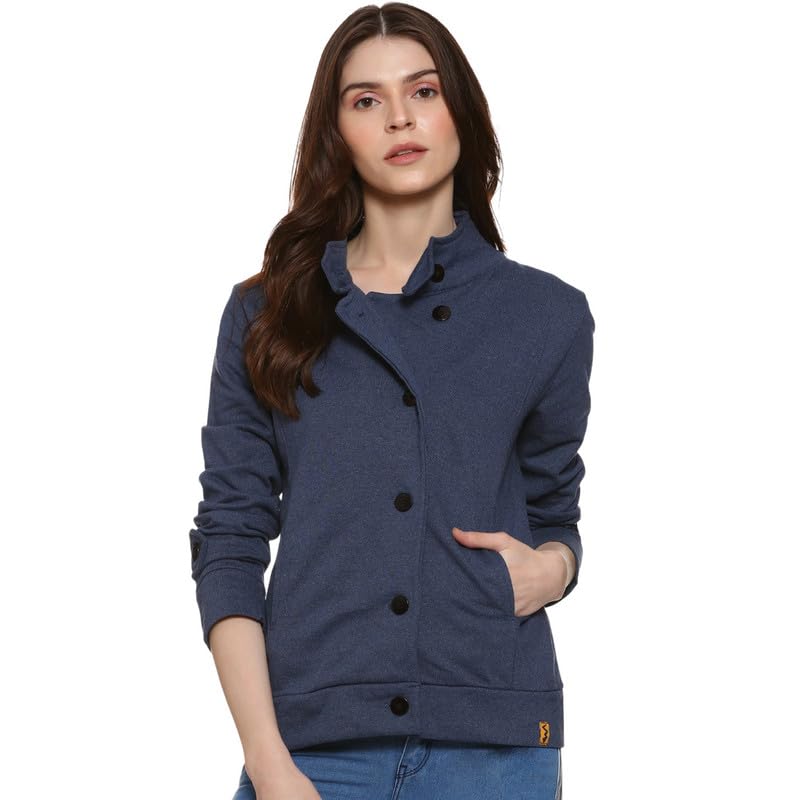 pinacolada Women's Jacket With Insert Pocket For Casual Wear | High Neck | Long Sleeve | Button Closure | Cotton Jacket Crafted With Comfort Fit For Everyday Wear | Blue-picture-19