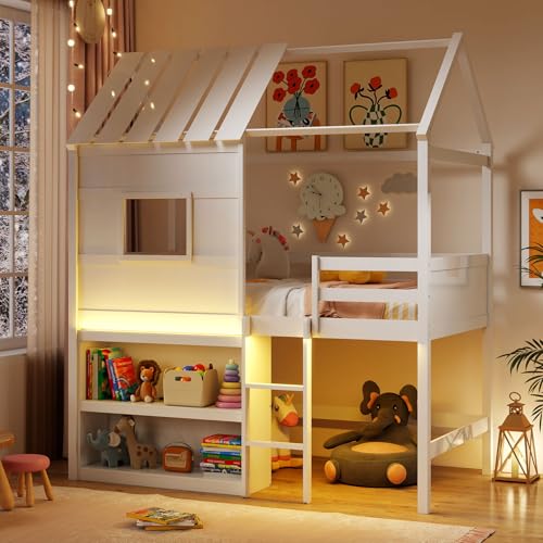 Giantex Twin Size House Loft Bed Low Loft Bed with Roof Window LED Lights & Storage Bookshelf Solid Wood Bedframe w/Ladder Safety Guardrail Under-Bed Play Space for Kids Boys Girls White