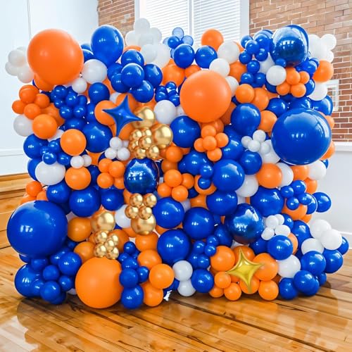 Image of Blue and Orange Balloon Arch, Royal Blue White Balloon Garland Party Decor | Metallic Gold Balloons with Star Foil Balloon for Birthday Graduation Baby Shower Baseball Wedding Party Decorations