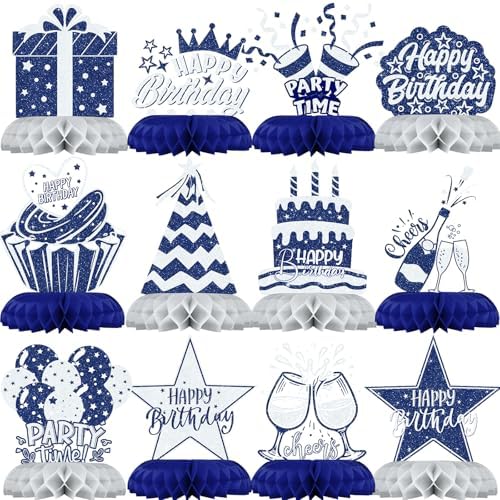 Blue and Silver Birthday Decorations – 12Pcs Navy Blue and Silver...