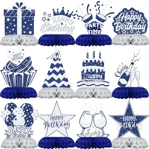 Blue and Silver Birthday Decorations – 12Pcs Navy Blue and Silver Honeycomb Centerpieces for Table, Elegant Blue Silver Party Decor for Boys, Men or Adult Birthday Celebration
