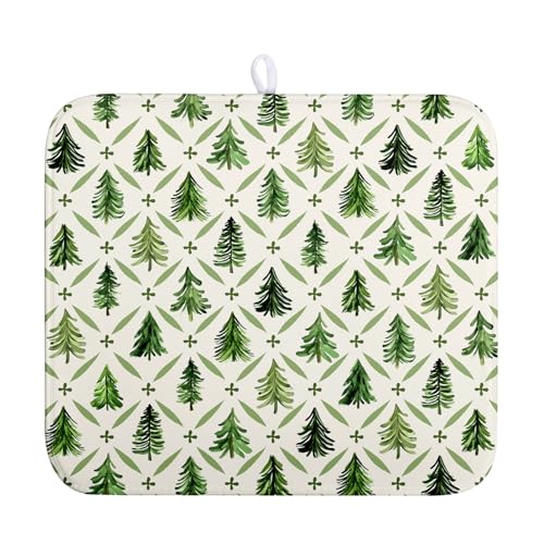 Wnoesat Christmas Dish Drying Mat for Kitchen Counter 16x18 Inch Sage Green Xmas Tree Drying Mats Winter Holiday Dish Drainer Pad Microfiber Absorbent Dish Draining Mat for Coffee Bar