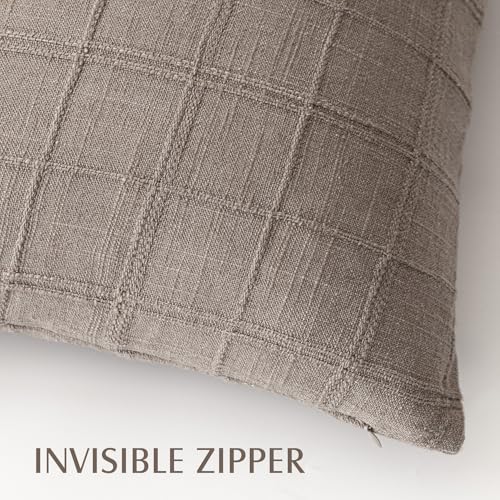 Image of Foindtower Set of 1 Decorative Linen Check Throw Pillow Cover Neutral Farmhouse Vintage Cushion Cover Modern Boho Home Decor for Sofa Chair Couch Bedroom Living Room,18x18 Inch,Tan Taupe