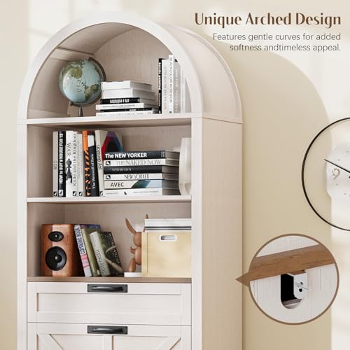 Image of Vabches 71 inch Tall Arched Bookcase with File Cabinet Drawer, Farmhouse Freestanding Wooden Bookshelf, 3-Tier Large Open Display Storage Shelves for Home Office Living Room, Rustic White