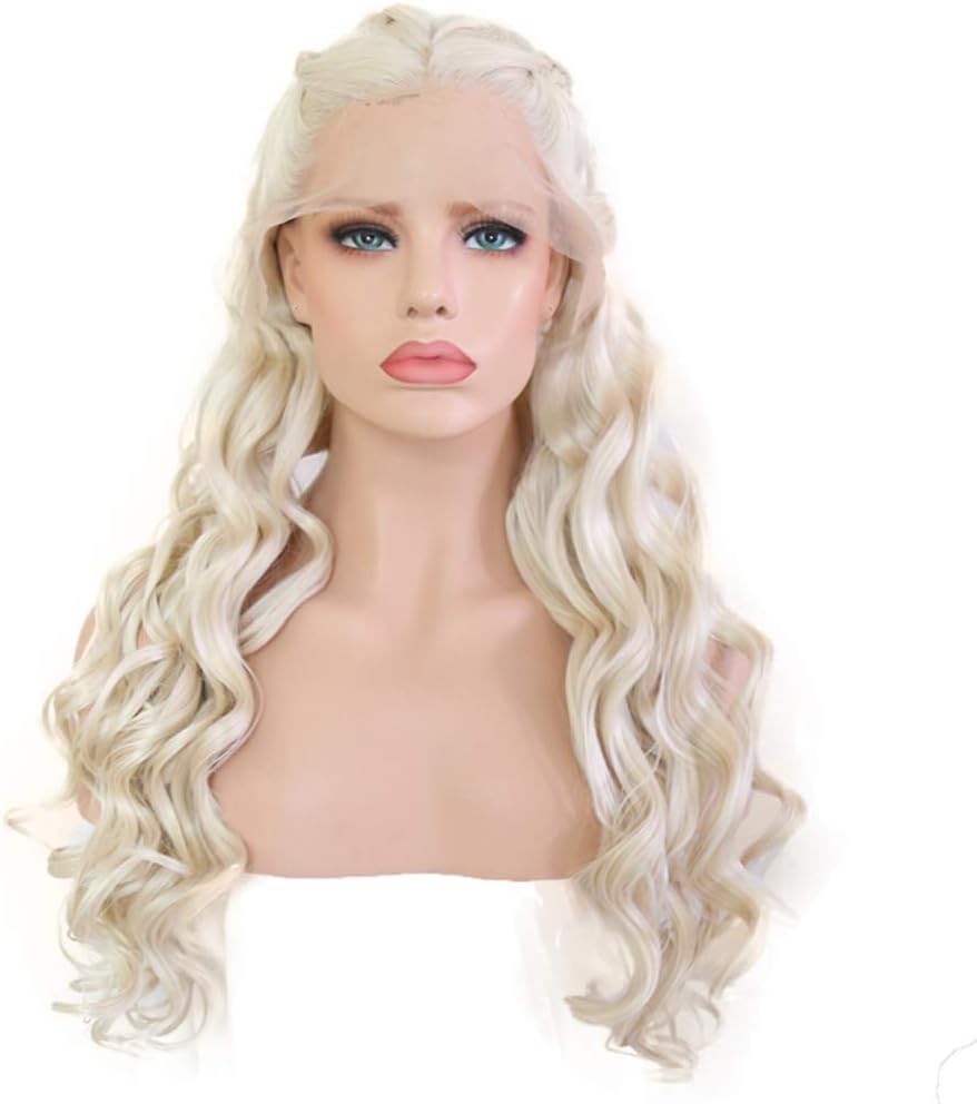 24" Long Wavy 60# Platinum Blonde Glueless Lace Front Wigs For Women Ash Blonde Lace Front Braided Wig Midlle Part Natural Curly Heat Resistant Synthetic Hair Wigs For Dragon Queen Costume Daenerys Ta