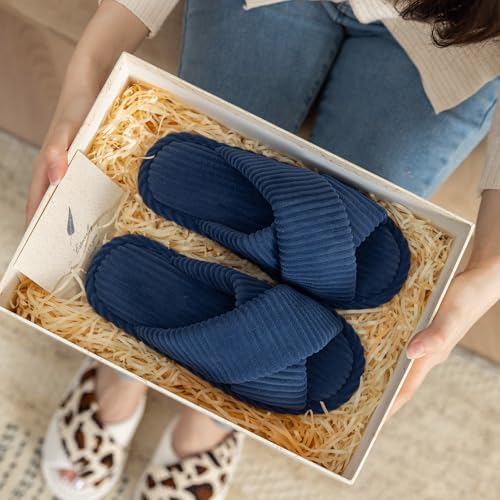 Image of GOEWY Slippers for Women Memory Foam House Bedroom Corduroy Crossbands Open Toe Slides Sandals Shoes Comfy Trendy Gift for womens Anti-Skid sole