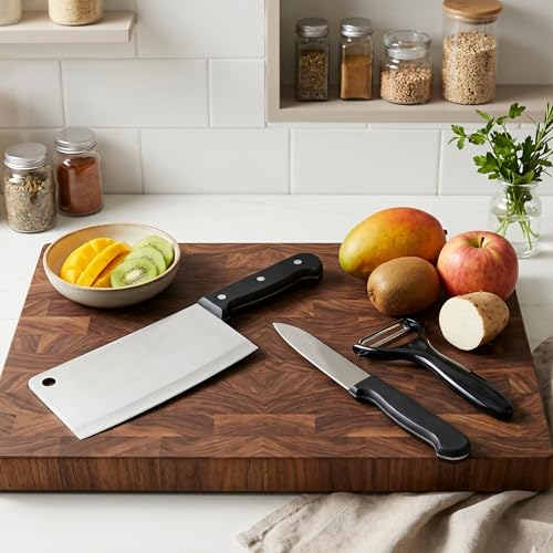 Image of HomeEssentials 3-Piece Professional Kitchen Prep Set - Includes 29.5cm Heavy-Duty Meat Cleaver, 19.5cm Utility Knife, and Ergonomic Peeler - Stainless Steel Blades with Non-Slip Handles