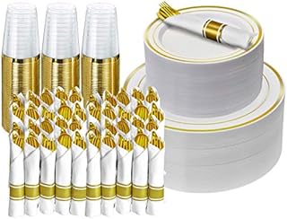 350 Piece Gold Dinnerware Party Set - 50 Guest - Disposable Gold Dinnerware