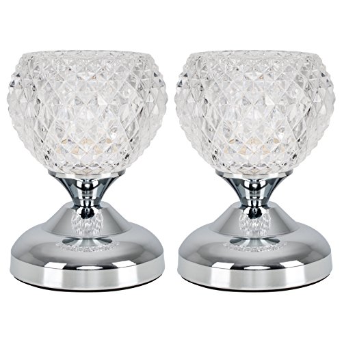 MiniSun | Modern Silver Chrome and Decorative Glass Bedside Touch Table Lamps | Table Lamps, Home Décor & Improvement Essential | Set of 2