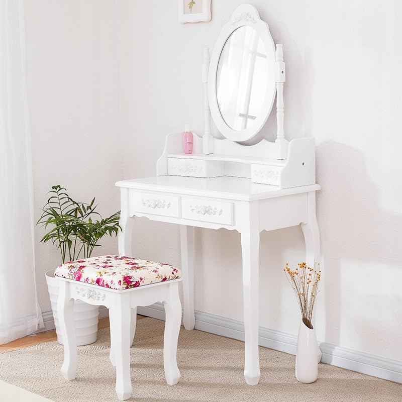 BDW TL01 Toeletta - con specchio, cassetti e sgabello - Tavolino - per camera da letto, cameretta dei ragazzi -Tavolo da trucco - Tavolo da toeletta - Tavolo per cosmetici - Stile vintage - Bianco
