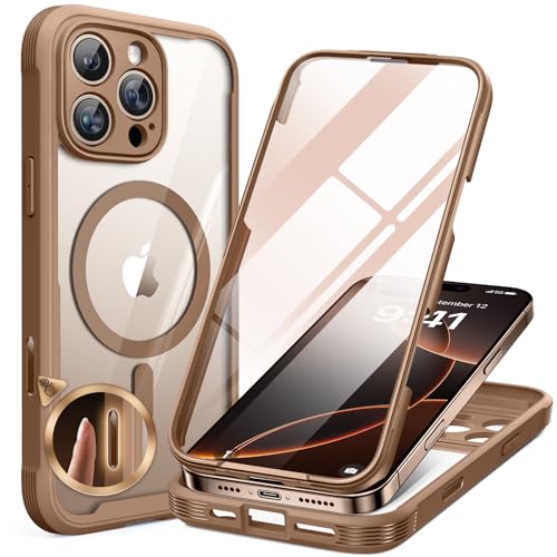 Image of Miracase Magnetic for iPhone 16 Pro Case Full-Body Phone with Built-in Glass Screen Protector, [Compatible with MagSafe] Military Drop Proof 16 Pro Cover Bumper 6.3 inch, Gold Brown