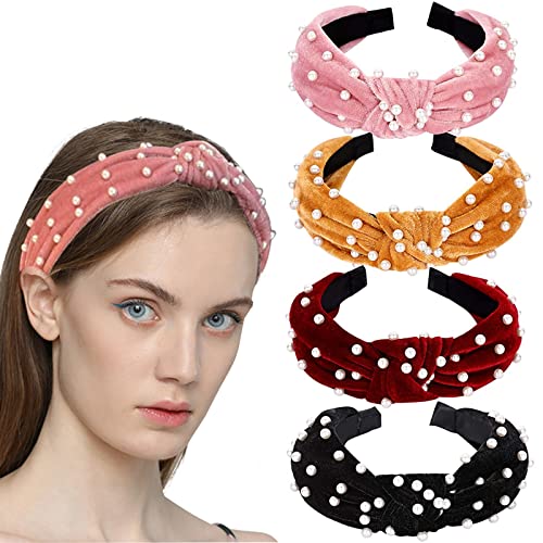Mehayi 4 PCS Velvet Wide Headbands with Faux Pearl Knot Turban Elastic Hairband Hair Hoops Fashion Hair Accessories for Women Girl Ladies Yoga Headwrap, 4 Colors