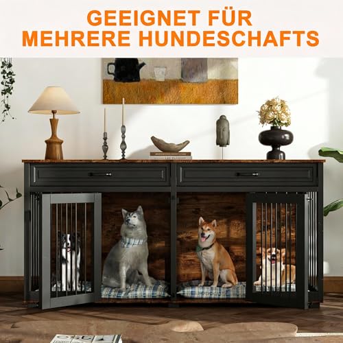 Hundekäfig Schrank XXL, Hundekäfig mit 2 Schubladen und 2 Türen, Hundebox für Zuhause Große/Mittlere Hunde,Beistelltisch, Hundehütte Indoor, Hundehaus für Zuhause, Schwarz, 164 x 60 x 80 cm, Eisen