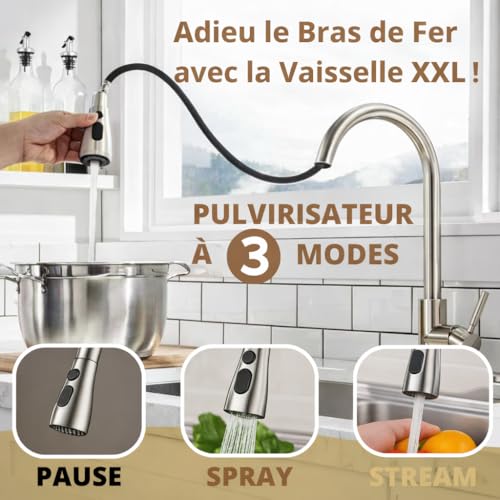 Robinet cuisine 3 modes de jet avec douchette extensible ergonomique - 7