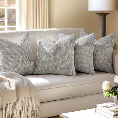 Image of MIULEE Pack of 4 Couch Throw Pillow Covers 20x20 Inch Light Gray Soft Decorative Chenille Pillow Covers Farmhouse Accent Cushion Covers for Boho Spring Home Decor Sofa Bedroom Living Room