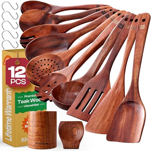 Riveira Dark Teak Kitchen Utensils Set - 12-Piece Non-Toxic Cooking Utensils Set - Wooden Spoons for Cooking - Spatula for Cooking - Teak Wooden Utens