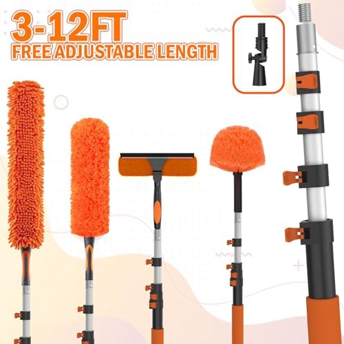 LAANPOLE Kit de limpieza de plumero de 3,6 m con poste de extensión, herramienta de limpieza de ventilador de techo alto con cubo