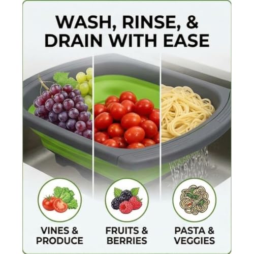 Image of KRESHU Silicone Collapsible Kitchen Colander Strainer | Food Colander with Extendable Handles | Perfect for Draining Pasta, Vegetables, and Fruits - Over the Sink Strainer (23.5Inch, Pack of 1)