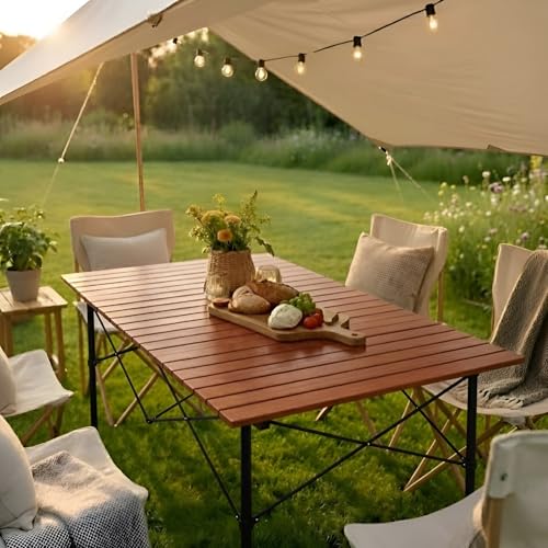 Image of Kraptick Portable Metal Folding Camping Table with Roll-Up Tabletop Lightweight Outdoor Long Table with Carry Bag Compact & Durable Folding Table for Camping, Picnic, Beach & Travel Use (Brown)