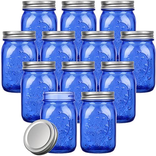 Pinkunn 12 Pcs Mason Jars with Lids 16 Oz Regular Mouth Pint Canning Vintage Glass Jars Bulk Airtight Multifunction Mason for Storage Canning Pickling Preserving Fermenting(Dark Blue)