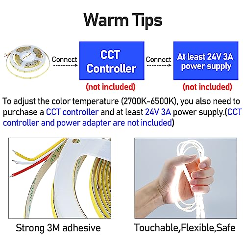 GOMING 24V CCT Tunable White COB LED Strip Lights 2700-6500K 5M 624LEDs/M CRI 93+ High Brightness No-Waterproof IP20 LED Tape Lights for Home Decoration(Controller and Power Supply Not Included) - Image 4