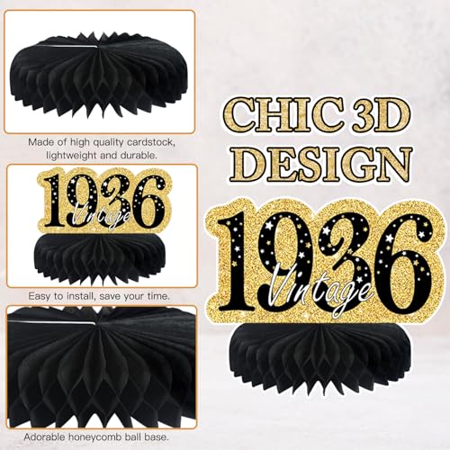 Image of 9Pcs 90th Birthday Decorations Honeycomb Centerpieces for Women,Black Gold Happy 90th Birthday Centerpieces Tables Toppers Party Decorations Supplies, Vintage 1936 Aged Table Sign Decor
