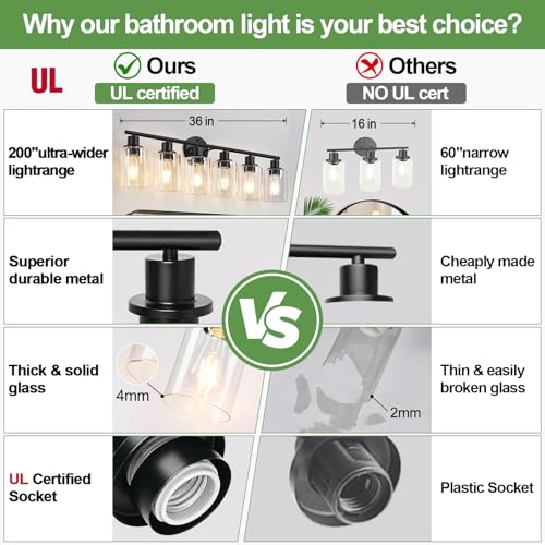 Image of Zarbitta 6-Light Bathroom Light Fixtures, Black Modern Vanity Lights with Clear Glass Shade, Bathroom Wall Lamp for Mirror Kitchen Living Room Hallway Cabinet