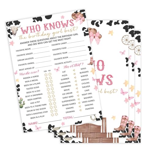 APIILVPQ Who Knows the Birthday Girl Best, 25 Pcs Cowgirl Birthday Party Game Cards for Girls, Slumber Sleepover Party Games Decorations Supplies - A02