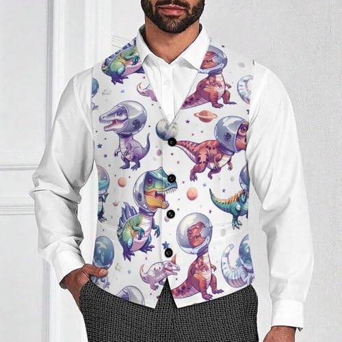 Funny Astronaut Dinosaur Men's Suit Vests Business Formal Dress V-Neck Waistcoat Tops with 2 Pockets2