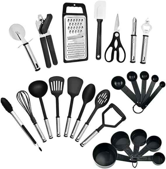 Ustensiles de cuisine en nylon et inox : lot de 25 outils antiadhésifs