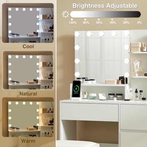 Alaxgumrol Makeup Vanity Set with Mirror and Lights - Small Vanity Desk with 4 Drawers, Power Outlet, USB Ports, Stool - Dressing Table with 3 Lighting Color Adjustable for bedroom White