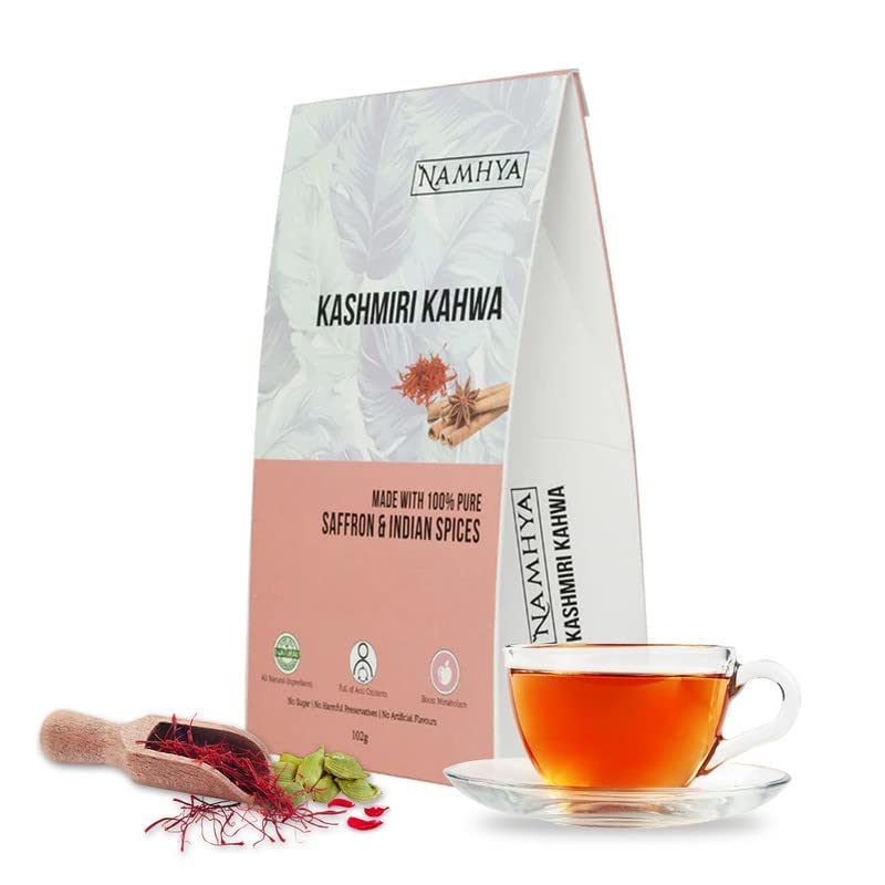 Namhya Kashmiri Kahwa with Pure Saffron, Cardamom, Cinnamon and Rose Petals | 100% NATURAL SPICES | Masala Chai Tea | Brew Hot or Iced Tea | 100 Gms (50 Servings)