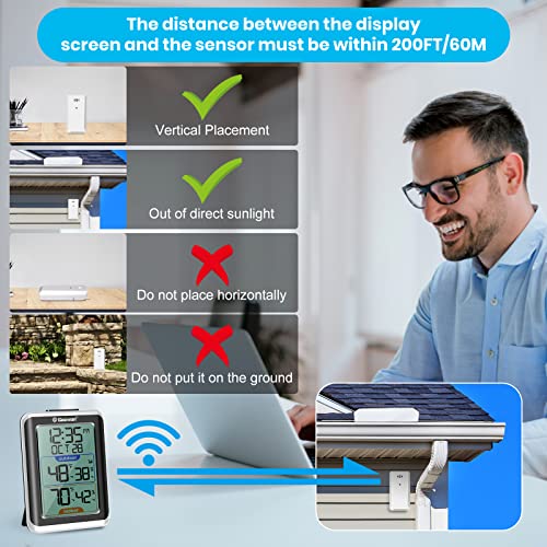 Geevon Indoor Outdoor Thermometer Wireless Digital Hygrometer Temperature Gauge With Time，200Ft/60M Range Temperature Humidity Sensor #TOP3