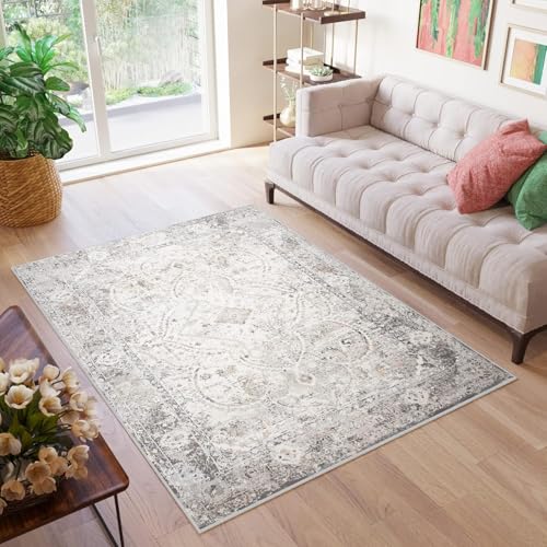 TAPISO Valley Teppich Kurzflor Vintage Creme Weiß Grau Dunkelgrau Rahmen Design Used Effekt Meliert Verwischt Wohnzimmer Schlafzimmer ÖKO-TEX 200 x 300 cm