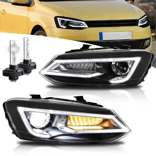 VLAND Phare LED pour Polo 5 Polo 6R 6C 2009-2017 [pas pour GTI/R/1.6 6R], avec clignotant séquentiel, côté conducteur et passager (avec ampoules d2h)