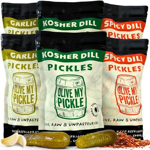 Olive My Pickle Fermented Pickles Probiotic Variety Pack - 192 Ounces | 6-Pack Bundle of Kosher Dill, Garlic, Spicy Kosher Dill Pickles and Brine with Digestive Enzymes for Gut Health - 32 oz per bag